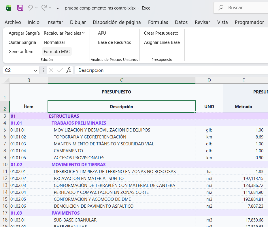Real screenshot from an MS CONTROL test in Excel, showing the tool ribbon and contract budget items.
